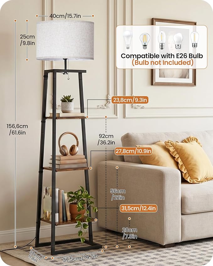 Floor Lamp with 3-Tier Storage Shelves, Standing Floor Lamp with Pull Chain Switch, Shelf Floor Lamp for Living Room, Bedroom, Office,Bulb Not Included, Rustic Brown and Beige FE34LD05