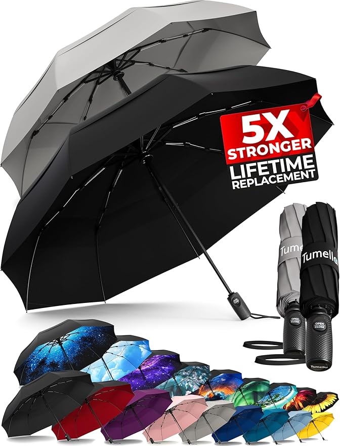 TUMELLA Strongest Windproof Travel Umbrella (Compact, Superior & Beautiful), Small, Wind-Tested, Light & Portable, Automatic Folding Rain Umbrella, Durable Premium Grip, Fits Car and Backpack