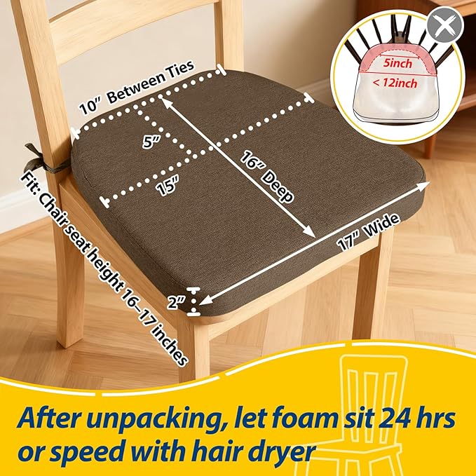 AAAAAcessories D-Shaped Chair Cushions, 2" Thick Dining Chair Pads with Ties and Removable, Machine-Washable Cover, 17" x 16", Set of 6, Taupe