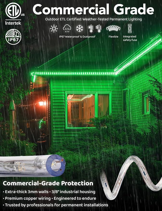 3312LEDs, 300ft LED Outside Rope Lights, Waterproof Permanent Outdoor ETL Certified Connectable Clear Tube, Christmas Palm Tree Holiday Decorative Landscape Patio Accent Lighting - Green