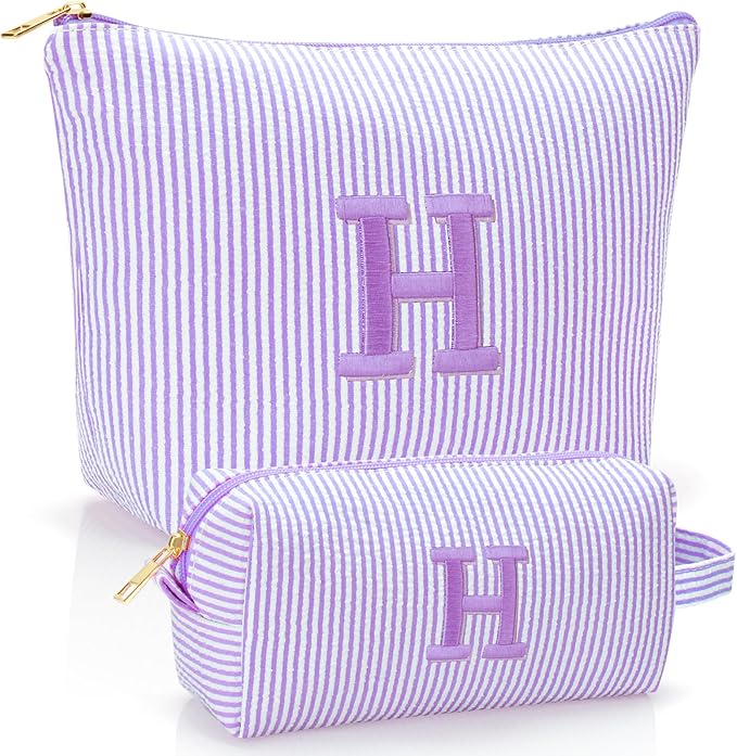 Personalized Initial Makeup Bag,Toiletry Travel Cosmetic Bag,Trendy Stuff for Teen Girls and Women,Holiday & Birthday Gift,2 Pack (H, Purple)