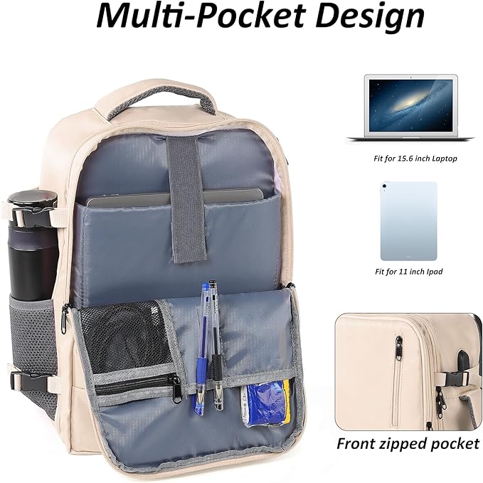 TANTOMI Travel Backpack for Women, 15.6 Inch Laptop Backpack Flight Approved, Small Carry-On Bags with USB Charging Port & Shoe Pouch, Casual Daypack on Airplane for Weekender Work Business, Beige