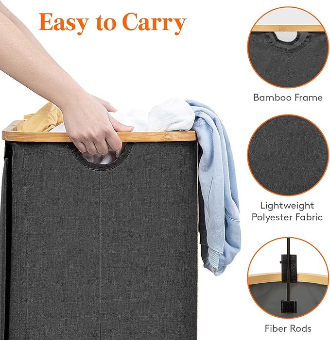Lifewit 150L Laundry Basket with Lid, Clothes Hampers for Laundry with Bamboo Handles and 2 Removable Bag, Large Foldable Laundry Hamper for Bedroom, Bathroom, Dorm, Laundry Room, Dark Gray