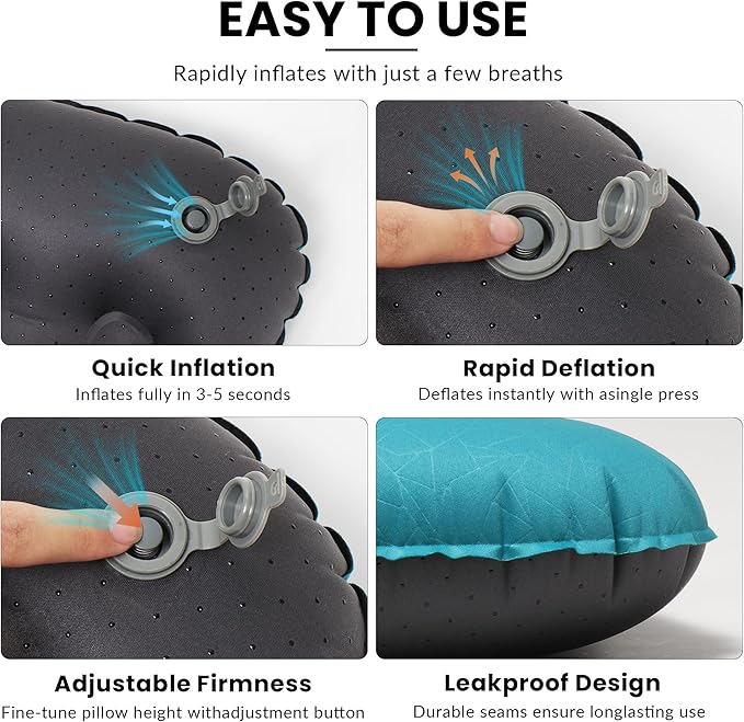 Ultralight Inflatable Camping Pillow, Compressible, Compact, Comfortable, Ergonomic Inflating Pillows, Portable Travel Air Pillow for Outdoor Camp, Hiking, Backpacking & Airplane Travel