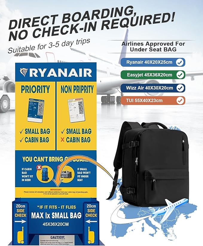 VGCUB Travel Backpack for Women Men for Spirit Airlines Personal Item Bag 18x14x8 Inches Laptop College Waterproof Carry on Flight Approved Work Backpack Mochila de Viaje,Large Black