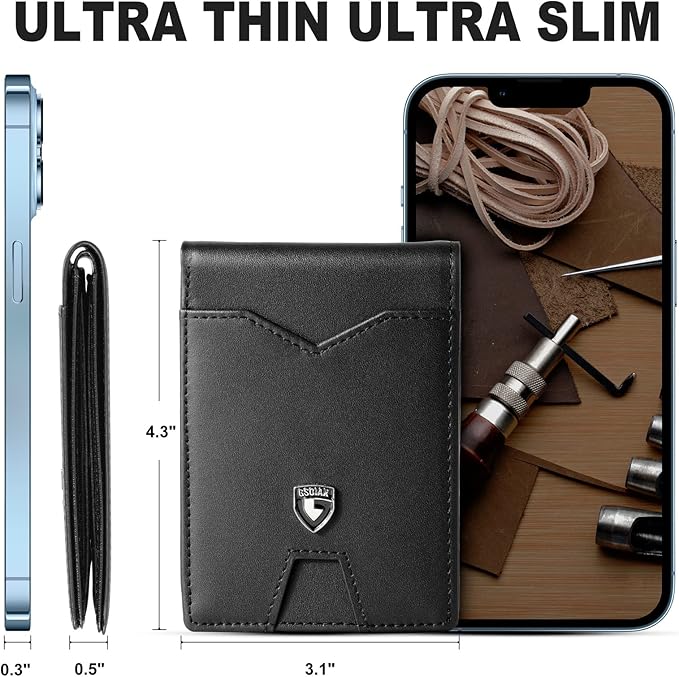 GSOIAX Slim Wallet for Men Rfid Blocking Leather Bifold Front Pocket Carbon Fiber Credit Card Holder Novelty Wallets With Gift Box (Black)