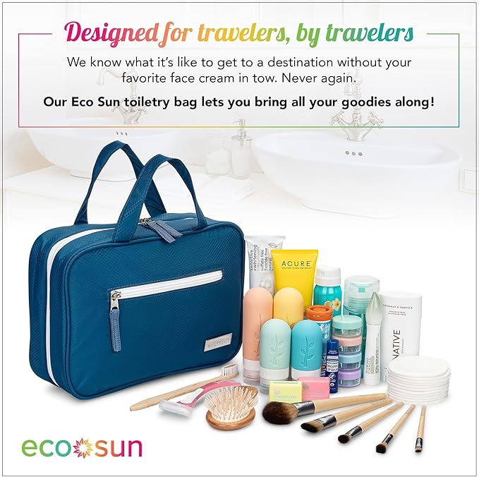 Eco Sun Hanging Travel Toiletry Bag — Designed in Hawaii — Water-Resistant Travel Organizer for Bathroom Accessories (Blue)