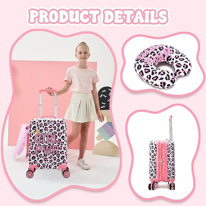 Kid's Luggage Set 2 Piece Suitcase Set 16" Hardside Luggage with Spinner Wheels Girls Carry on Toddler Travel Rolling Suitcase with Neck Pillow Airline Approved