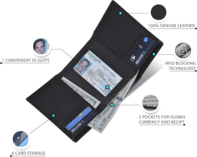 Real Leather Mens Trifold Wallet RFID Blocking Slim Minimalist Front Pocket - Thin & Stylish with ID Window in Gift Box