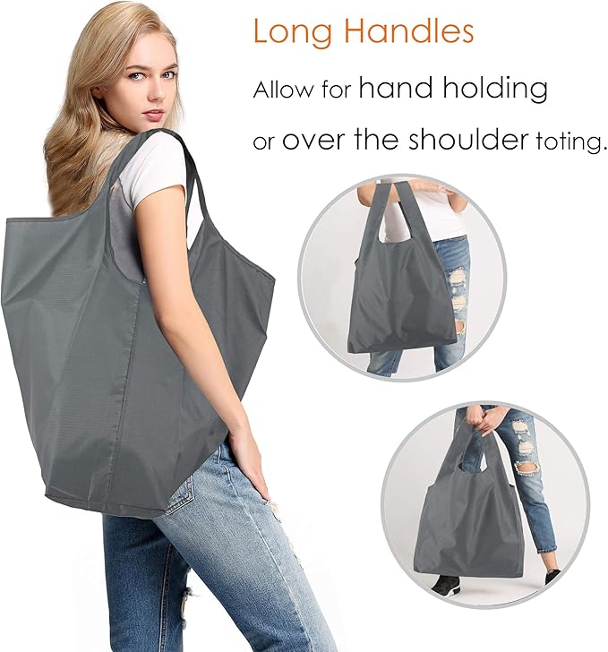 BeeGreen Grey Reusable Grocery Bags Wholesale Gray Reusable Kitchen Bags Bulk Foldable-Machine Washable with Zipper Storage Pouch 50 Packs