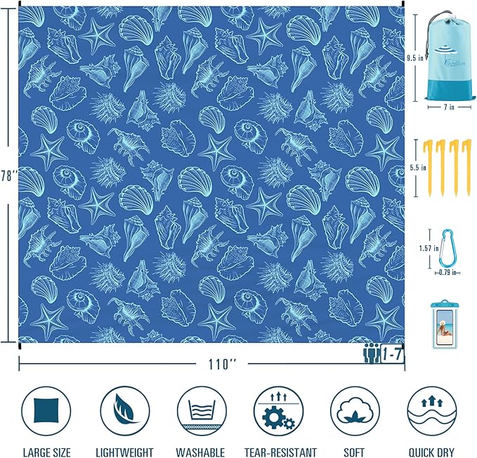 Famstar Beach Blanket Sandproof Waterproof 78''×110'' 1-7Adults Oversized,Compact Lightweight Durable Beach Mat for Travel Camping Hiking Picnic Blanket