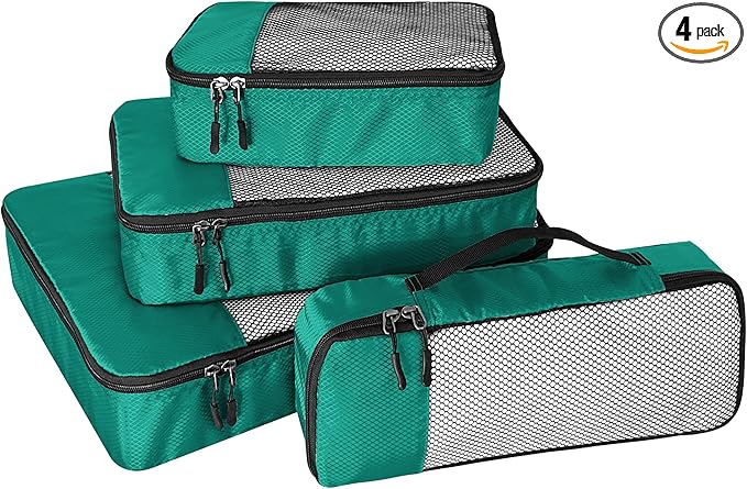 4-Piece Packing Cubes Travel Accessories Set for Suitcases - Luggage Organizer Bags with Double Zipper - Mesh Top - Small/Medium/Large/Slim - Green