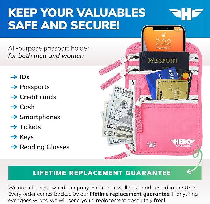 HERO Neck Wallet - RFID Blocking Passport Holder, Easy to Conceal Travel Puch (Hot Pink)