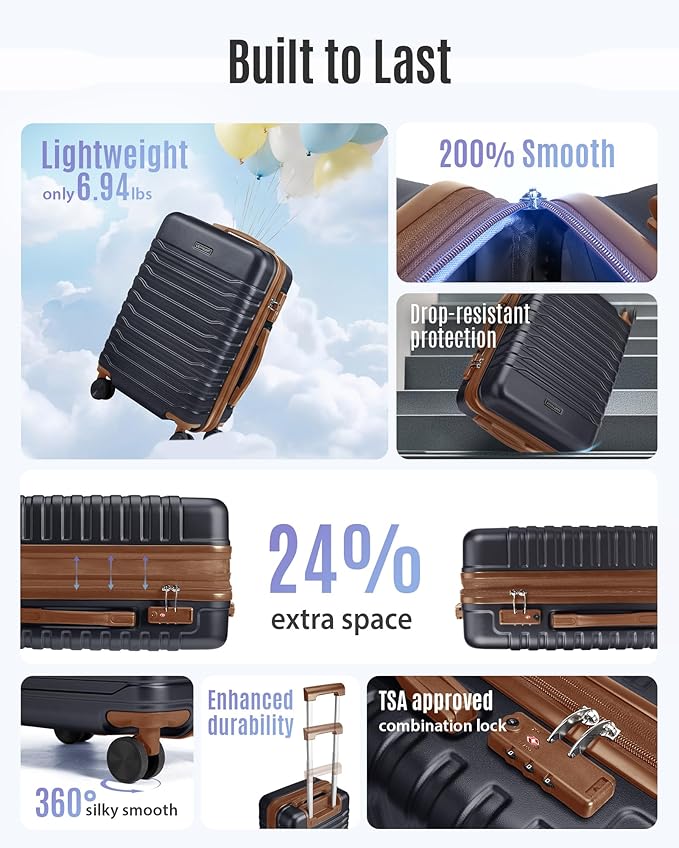 LIGHT FLIGHT Expandable Carry On Luggage 22x14x9 Airline Approved with Double Spinner Wheels, 20 Inch Lightweight Hard Shell Rolling Suitcases with TSA Lock, Black Brown