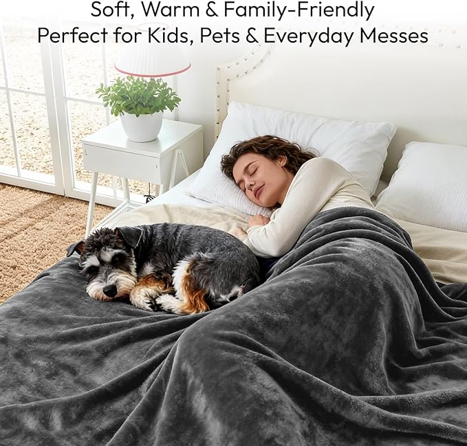 NANPIPER 100% Waterproof Blanket Queen Size Cover for Bed, Reversible Fleece Love Blankets, Spill-Proof Dog Pads for Camping, Travel, Dark Grey/Light Grey 80x90 inches
