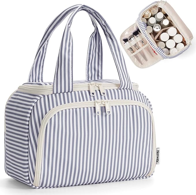 Narwey Striped Travel Toiletry Bag for Women Large Makeup Bag, Wide-open Cosmetic Make Up Organizer with Handle, Travel Bag for Toiletries, Essentials, Accessories (Greyish Blue Stripe)