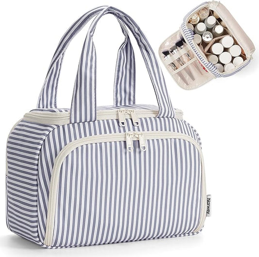 Narwey Striped Travel Toiletry Bag for Women Large Makeup Bag, Wide-open Cosmetic Make Up Organizer with Handle, Travel Bag for Toiletries, Essentials, Accessories (Greyish Blue Stripe)