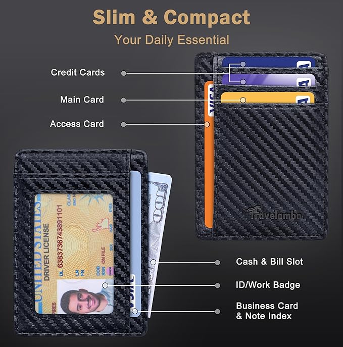Travelambo Slim Wallet Front Pocket Minimalist Leather RFID Blocking Medium Size (Carbon Fiber Black)