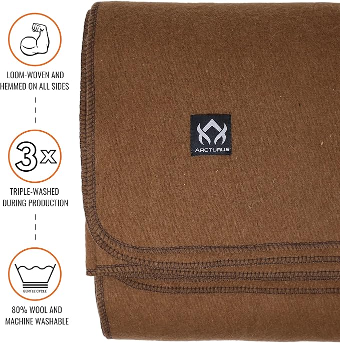 Arcturus Military Wool Blanket - Warm, Thick, Washable - Great for Outdoors, Camping, Stadium Blanket, Picnics, Travel - Car & Bushcraft Survival Kits