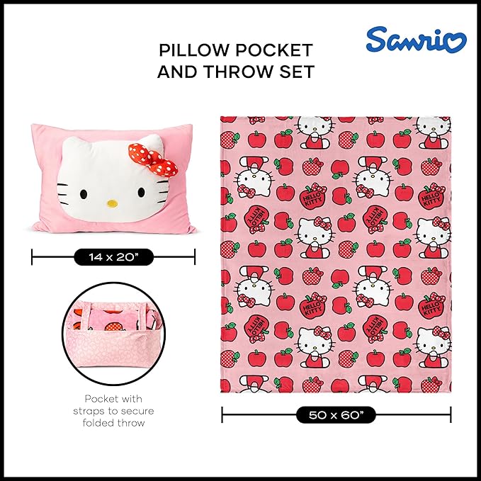 Northwest Sanrio Hello Kitty Forever Sweet Silk Touch Throw Blanket 50" x 60" with 3D Plush Pocket Pillow 14" x 20" – Comfy Hello Kitty Plush Blanket and Pillow Set