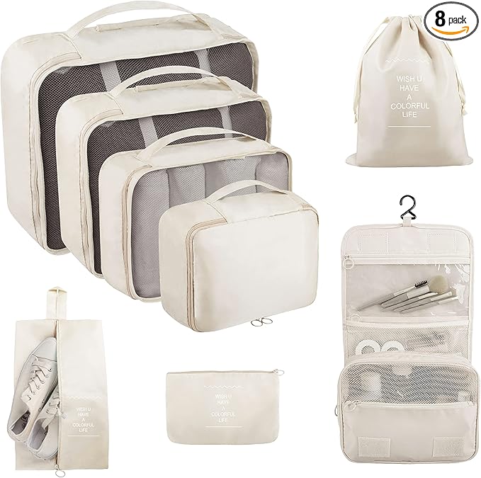 Packing Cubes, 8 Pcs Travel Packing Organizers for Suitcases, Large Capacity Travel Luggage Organizers Set includes 8 Storage Bags (Beige)