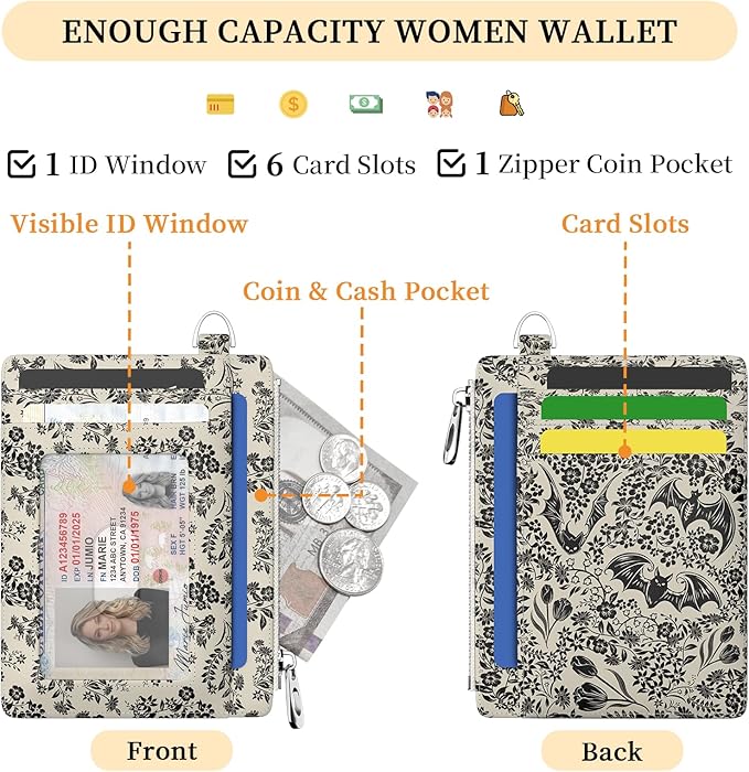 Hancynir Goth Bat Floral Slim Wallet Women Credit Card Holder Gothic Flower RFID Blocking Small Cute Card Wallets Mini Front Pocket PU Leather Thin Travel Zipper Coin Cash Ladies Female Wallet Gifts