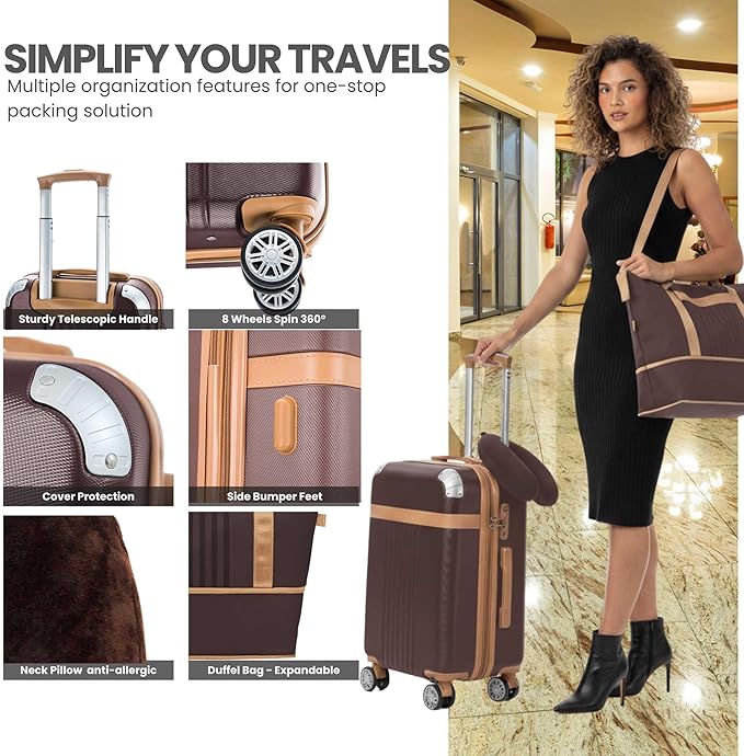 Luggage Sets 3 Piece Carry On Luggage Set 20 Inch Hardshell & Lightweight PP Luggage Suitcase with Detachable Spinner Wheels & TSA Lock 20" Suitcase with Duffel & U-shaped pillow