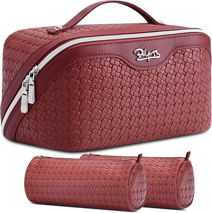 BOYATU Travel Makeup Bag Cosmetic Bags for Women: Large Capacity 3 Pcs Set Make up Bag with Compartments - Waterproof Vegan Leather Toiletry Organizer Bags with Handle (L52Burgundy)