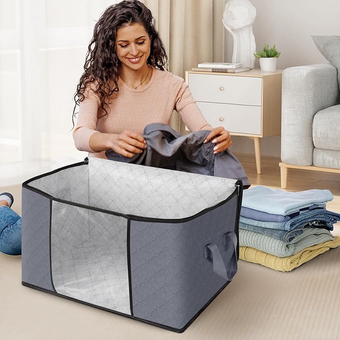 Fab totes Storage Bags,Clothes Blanket Storage Bins Foldable Closet Organizers with Reinforced Handle for Home Dorm Storage and Organization,Fabric Bags for Organizing Sheets,Clothing (Grey,4 Pack)