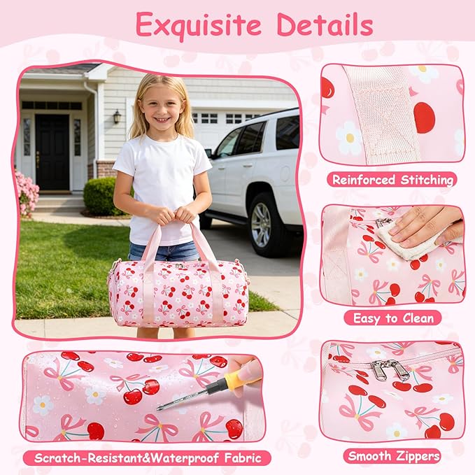 CAMTOP Kids Duffel Overnight Bag Boys Girls Toddler Weekender Carry-On Personalized Tote for Travel Gym Sport (B-Pink Cherry)