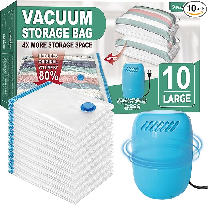 Vacuum Storage Bags with Electric Pump, Space Saver Vacuum Seal Bags with Pump, Sealer Compression for Clothes, Comforters, Blankets, Bedding, 10 Large