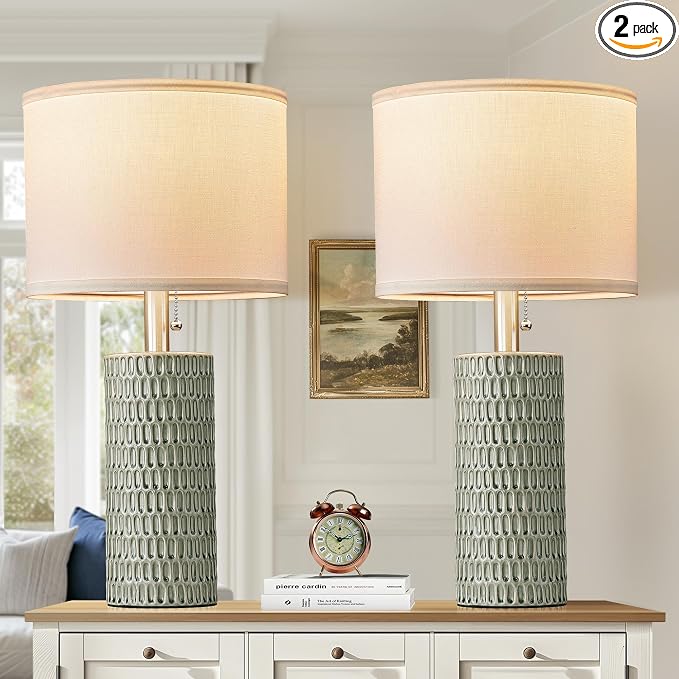 Reaketon Table Lamps for Living Room Set of 2, Ceramic Table Lamps for Bedroom, 20" Modern Lamps for Night Stands, Green
