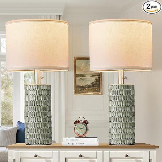 Reaketon Table Lamps for Living Room Set of 2, Ceramic Table Lamps for Bedroom, 20" Modern Lamps for Night Stands, Green