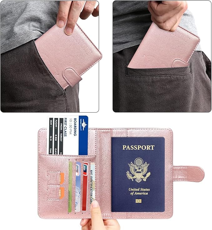 ACdream Passport Holder for Travel Essentials, Rfid Blocking Passport Wallet Cover Case for Travel Must Haves Accessories, Book Holders for Women/Men- Rose Gold