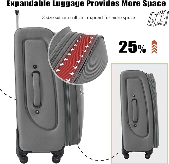 Grey 5 Piece Softside Luggage Sets, Expandable Lightweight Suitcase Sets Double Softshell Spinner Wheels Travel Luggage Set for Women and Men
