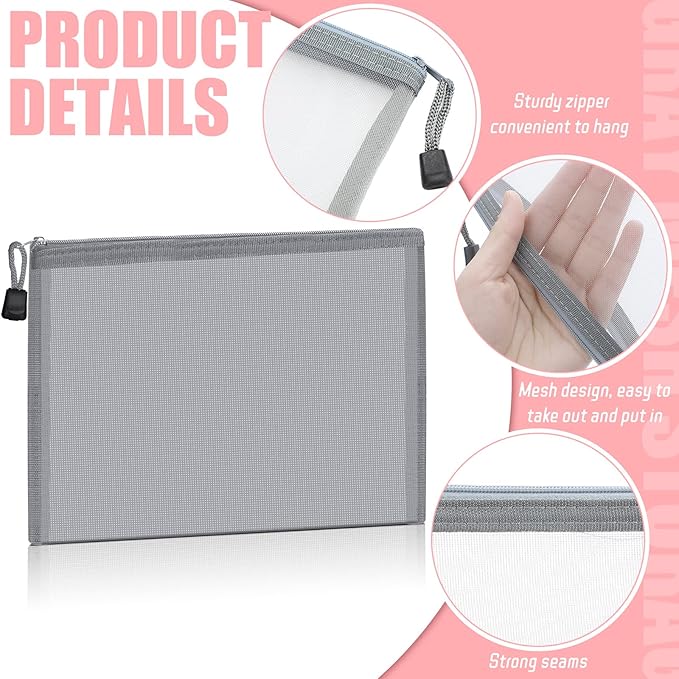 Outus 15 Pieces Mesh Bags Pouch Mesh Zipper Pouch Makeup Bags Cosmetic Travel Organizer Zipper Pencil Case for Organizing Office travel Storage(9.84 x 7.09 Inches,Gray)