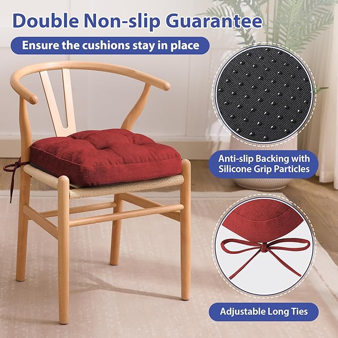 Chair Cushions for Dining Chairs, Dining Chair Cushions, Tufted Indoor Chair Pads with Ties & Non Slip Backing, Seat Cushions for Kitchen Chairs 16.5” x 16.5” x 3.5”, Set of 4, Red