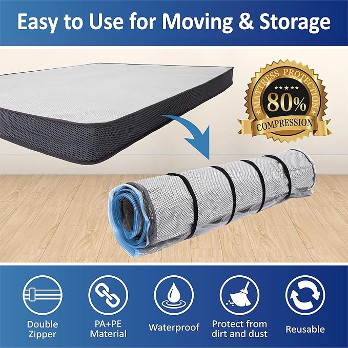 Storage Logic Foam Mattress Vacuum Bag with Blue Zipper, Mattress Storage Bag, Straps Included, Twin/Twin-XL