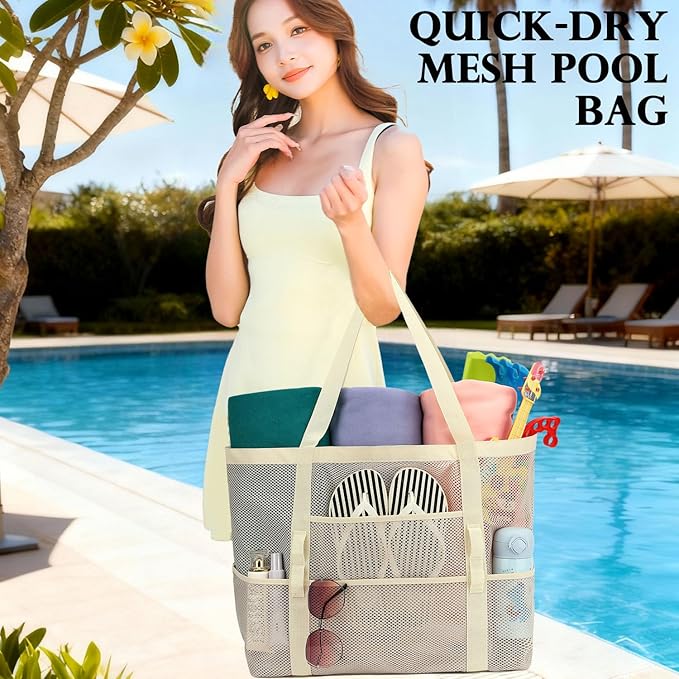 Fammart Mesh Beach Bag, Large Beach Tote with Zipper Pocket, Toys Pool Bag for Family Travel Vacation Cruise Essentials