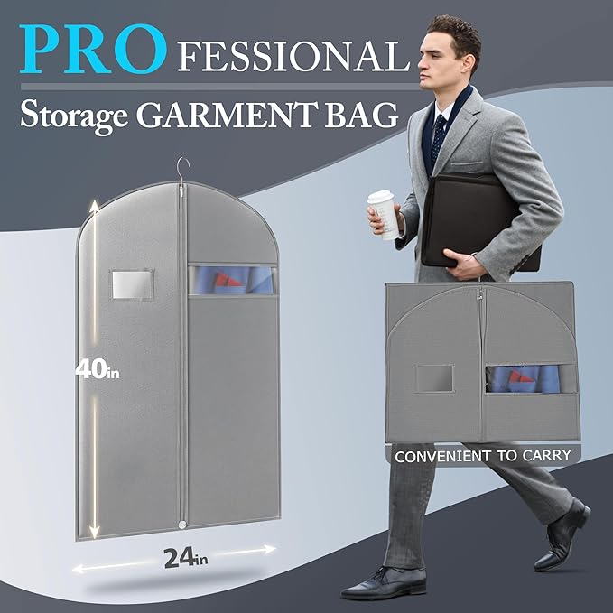 40-inch Suit Bag Garment Bag for Travel and Storage, Garment Bags for Hanging Clothes with Zipper and Visible Transparent Window, Gray 1 pack