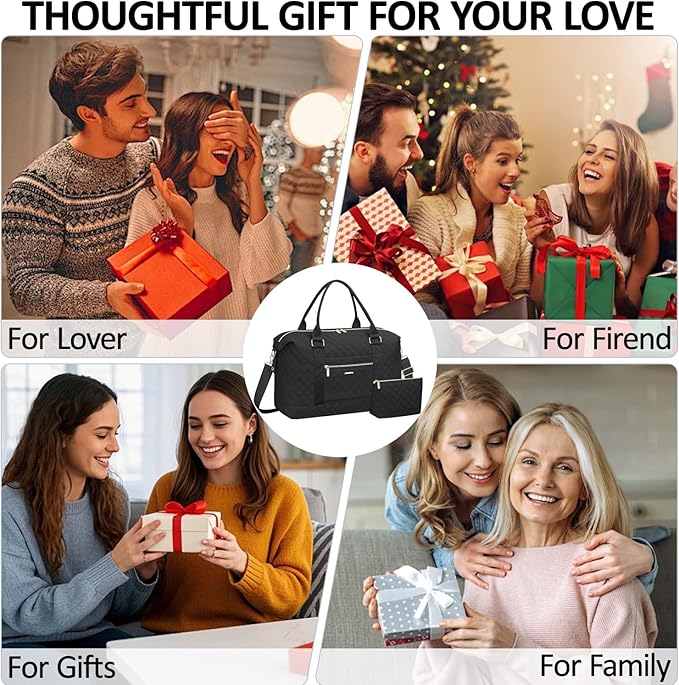 Quilted Travel Duffle Bag for Travel Women with Toiletry Bag, Large Weekender Bags for Women Carry on Duffel Overnight Bag, Waterproof Travel Tote Bags for Sports, Weekender, Business, Black