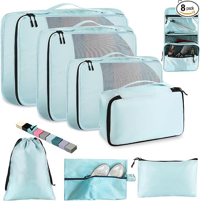 8-Piece Packing Cubes for Travel, 2026 Upgraded Durable Zippers & Reinforced Mesh, Complete Luggage Organizer Set with Shoe/Toiletry/Laundry Bags, 4 Sizes for Suitcase, Men Women, Lake Blue