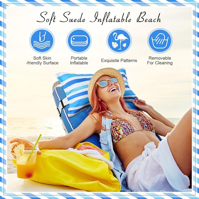 Menkxi 1 Pack 17"x10" Inflatable Beach Pillow with Removable Cover, Beach Chair Backpacking Pillow with Strap Stripe for Summer Sand Pools Travel Vacations(Blue White)