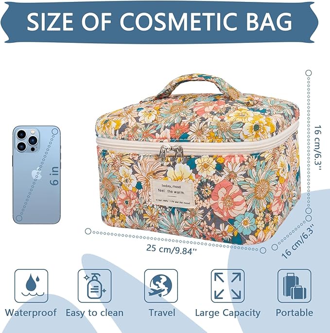 Large Makeup Bag, Cute Cosmetic Bag for Women Girls, Floral Coquette Aesthetic Toiletry Bag, Travel Make Up Organizer Bag (South Twigs Flower)