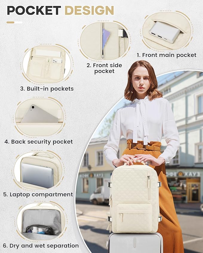 VECAVE Vacuum Travel Backpack with Pump for Women,Personal Item Carry on Backpacks Flight Approved 18x14x8 inches for Men,Laptop Waterproof Work Compression bags Casual Daypack Beige.