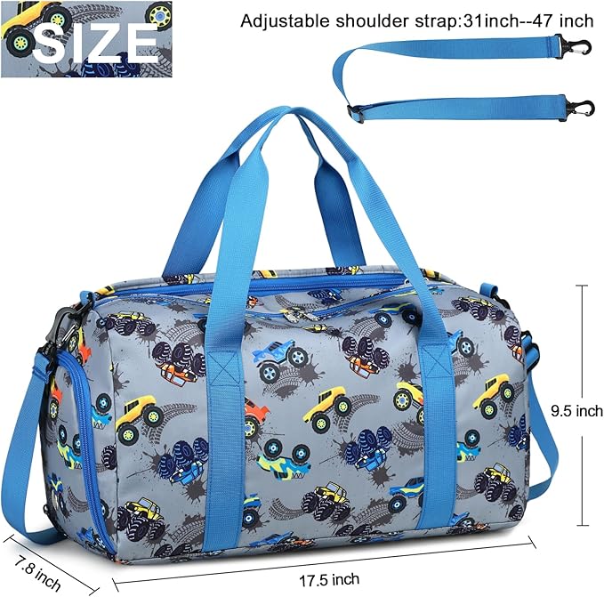 BTOOP Duffle Bag for Girls Kids Gym Sports Women Workout Travel Bag Weekender with Shoe Compartment and Wet Pocket (Truck-Blue)