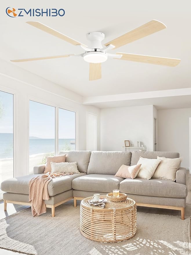 ZMISHIBO 60 Inch Ceiling Fans with Lights, Remote&App Control, Flush Mount | Low Profile, Dimmable 20W LED Light, Quiet Reversible Motor, Strong Airflow, Easy Install for Bedroom/Living Room/Apt, White