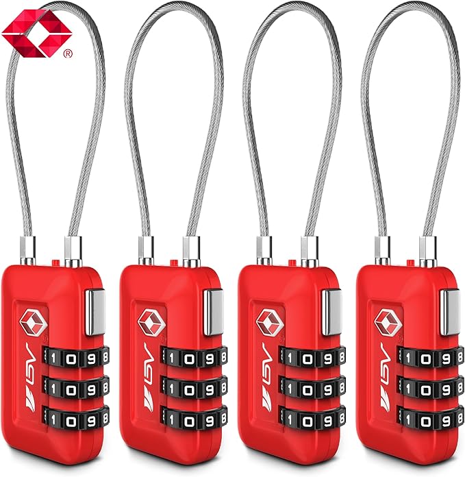 TSA Accepted Luggage Travel Lock, Set-Your-Own Combination Lock for School Gym Locker, Golf Bag, Luggage Suitcase Baggage Locks, Filing Cabinets, Toolbox, Case (Red, 4 Pack)
