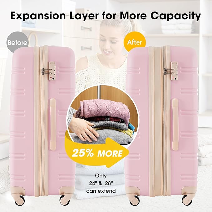Merax Luggage Sets 3 Piece Expandable Hardshell Luggage with Spinner Wheels TSA Lock Suitcase Set(20/24/28,Light Pink-2)