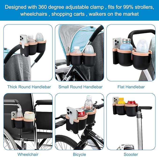 Accmor Stroller Cup Holder with Phone Holder, Bike Cup Holder, Universal Cup Holder for Uppababy Nuna Doona Strollers, 2-in-1 Cup Phone Holder for Stroller Bike Wheelchair Walker Accessory